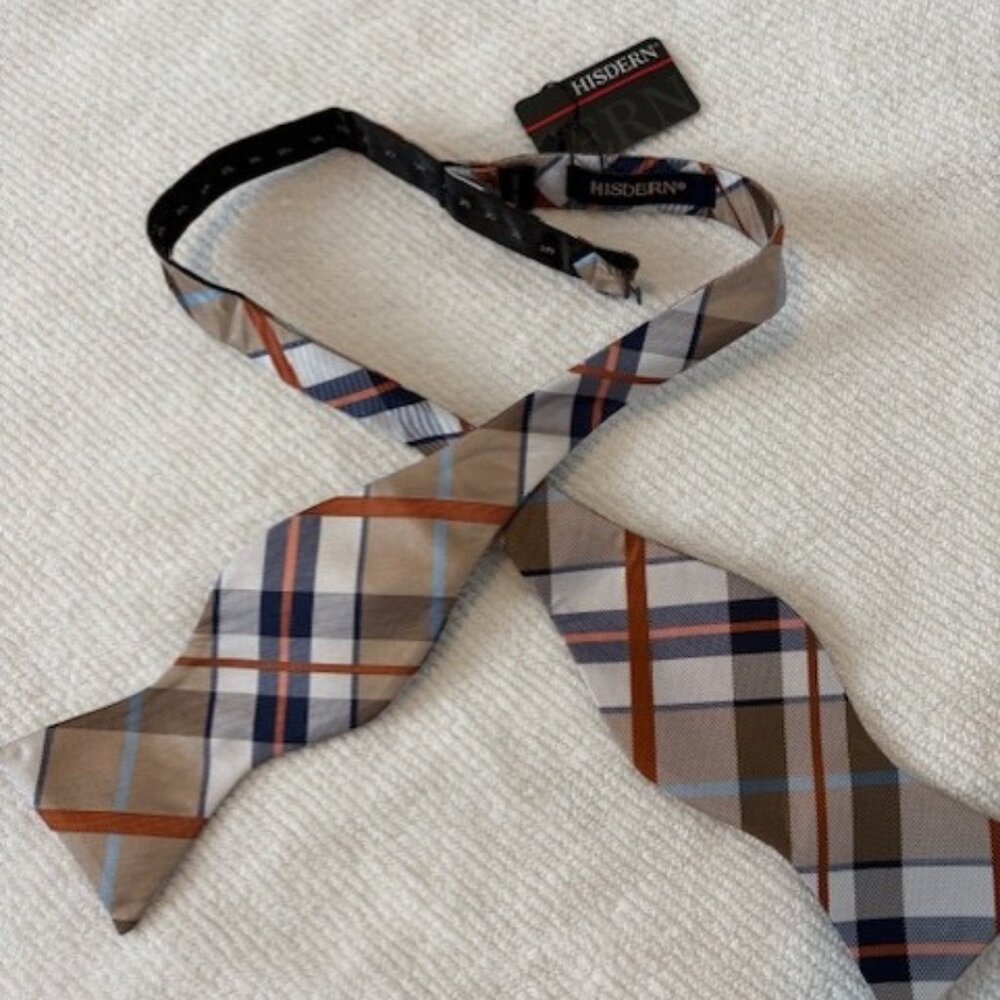Hisdern Men's Hand Made Blue/Tan/Orange Adjustable Self Tie Bow Tie NWT